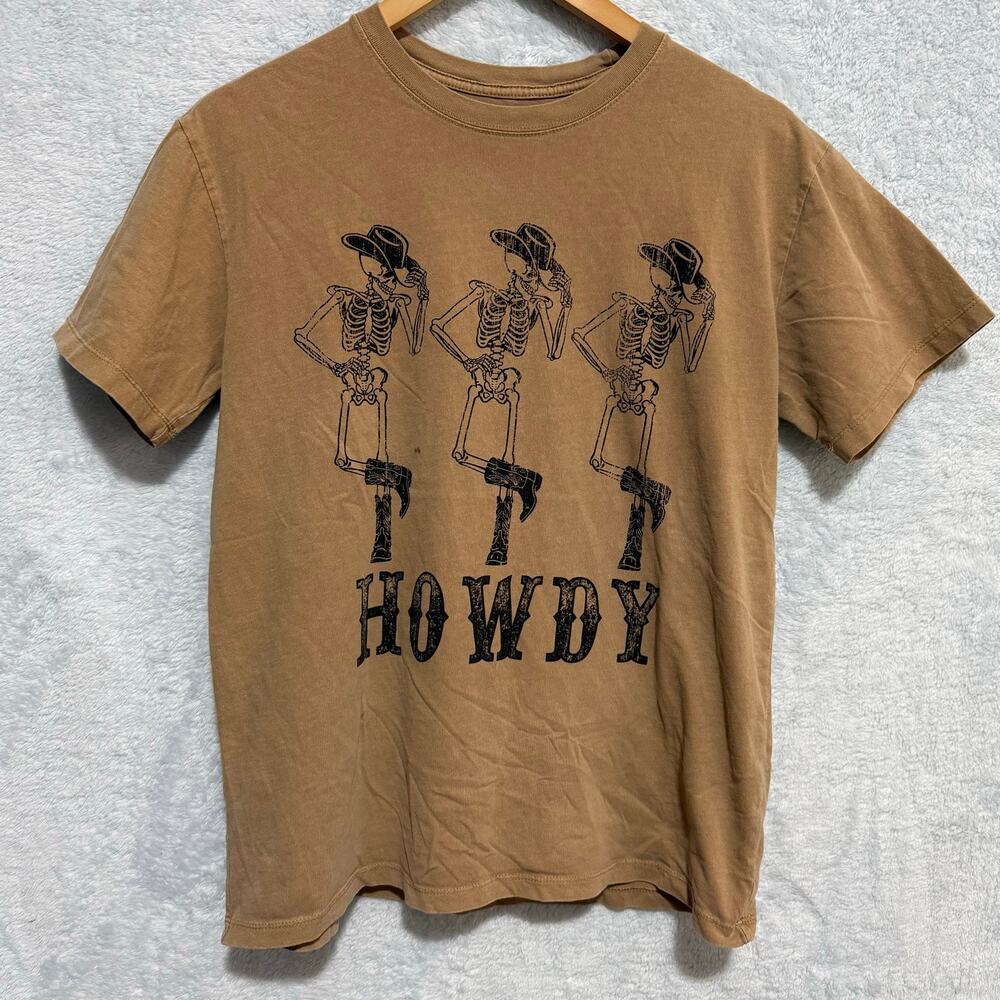 Goodie Two Sleeves 777 Howdy Skeleton T Shirt Mens Medium Tan Western